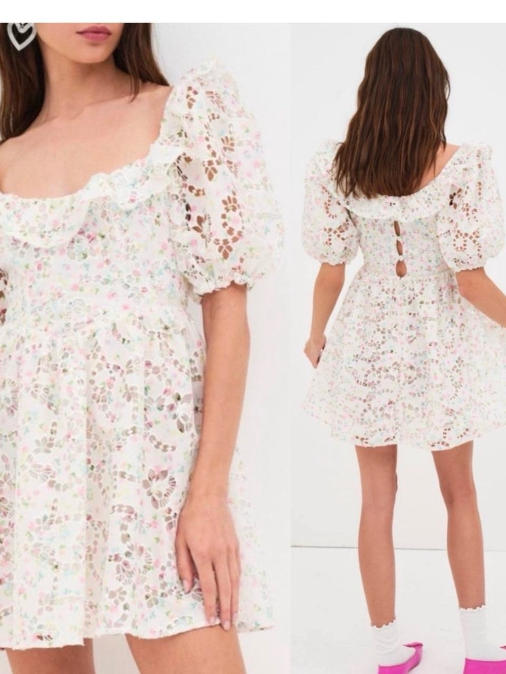 Lovers + Friends White Eyelet Mini Dress with Pastel Floral